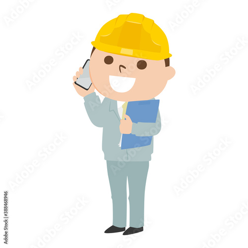 男性の建設業者のイラスト。作業着とヘルメットを着用した男性が、携帯電話片手に連絡してるところ。