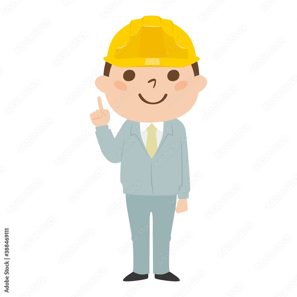 男性の建設業者のイラスト。作業着とヘルメットを着用してる若い男性。指を使ってポイントを教えてる男性。 男性の建設業者のイラスト。作業着とヘルメットを着用してる若い男性。指を使ってポイントを教えてる男性。