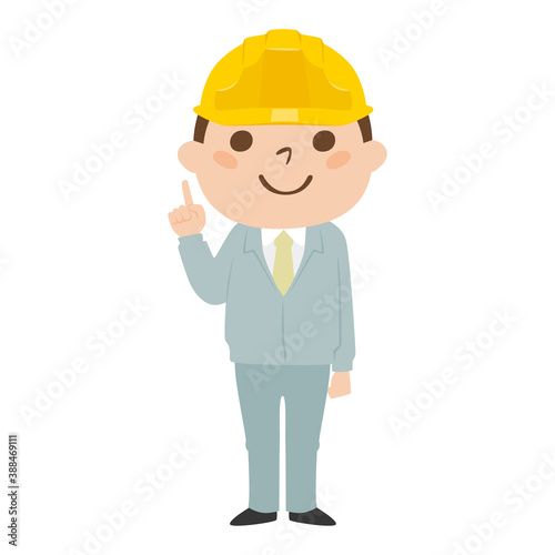 男性の建設業者のイラスト。作業着とヘルメットを着用してる若い男性。指を使ってポイントを教えてる男性。