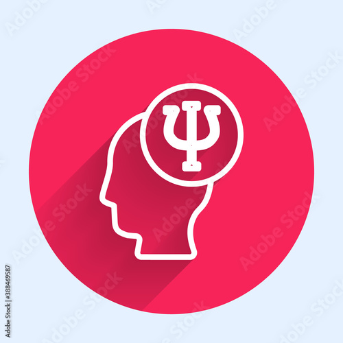 White line Psychology icon isolated with long shadow. Psi symbol. Mental health concept, psychoanalysis analysis and psychotherapy. Red circle button. Vector.