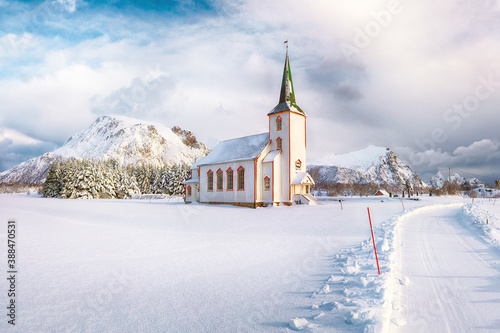 Splendid snowy winter scene of  Valberg church on Lofoten Islands. photo