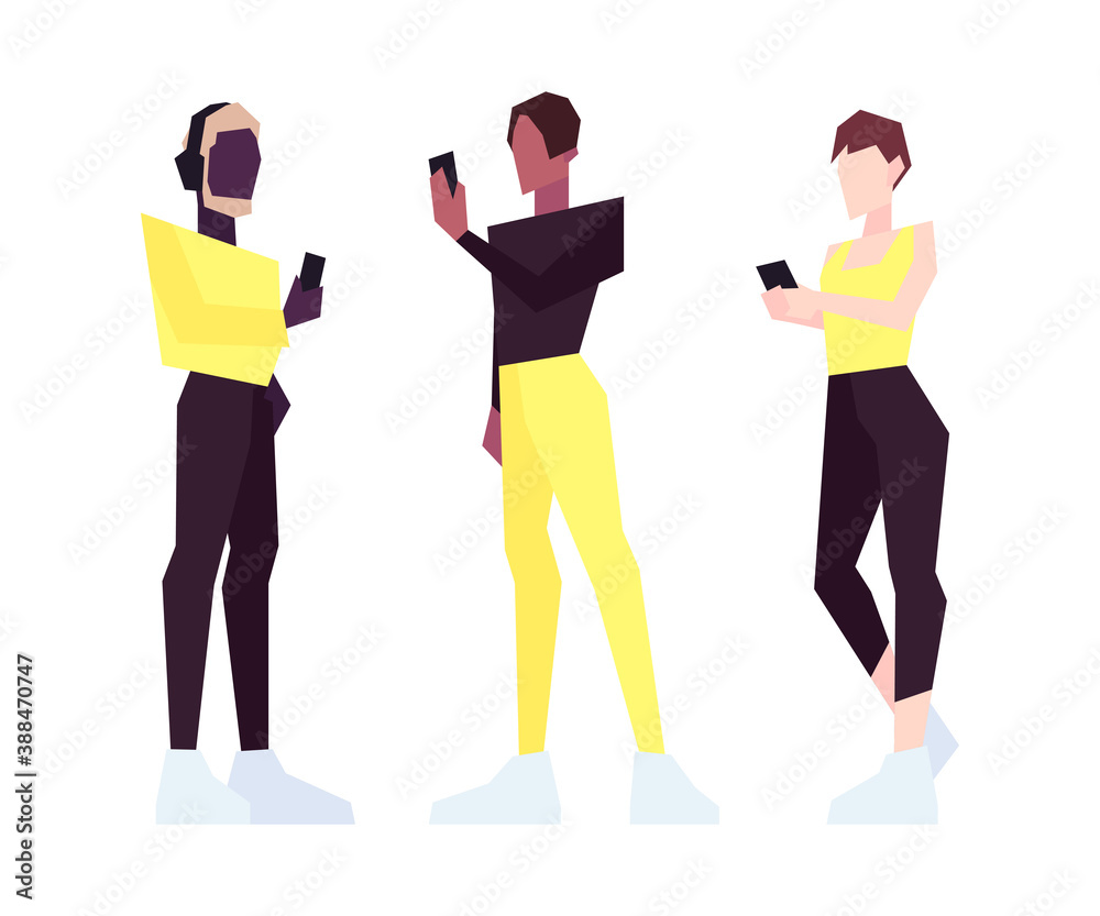 Obraz premium Set of low poly slim people with smartphones isolated on white background. Vector illustration