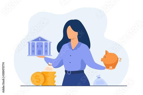 Woman choosing between bank and piggybank, choosing instrument for saving, planning budget or loan. Vector illustration for personal finance or economy concept