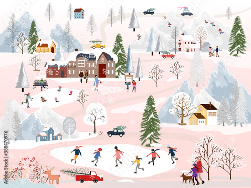 Winter landscape at night with people having fun doing outdoor activities on new year,Vector city landscape on Christmas holidays with people celebration, kid playing ice skates, teenagers skiing