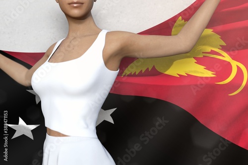 cute girl holds Papua New Guinea flag in hands behind her back on the white background - flag concept 3d illustration