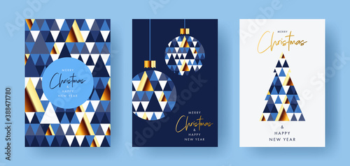 Merry Christmas and Happy New Year Set of greeting cards, posters, holiday covers. Modern Xmas design with triangle firs pattern in blue, gold, white colors. Christmas tree, ball, decoration elements