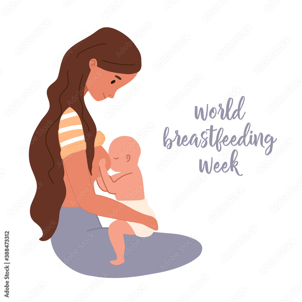 Obraz premium Mother feeding her newborn baby. Breastfeeding position. Woman feeds infant with breast. Breastfeeding week banner, happy mother's day clip art. Flat cartoon vector illustration