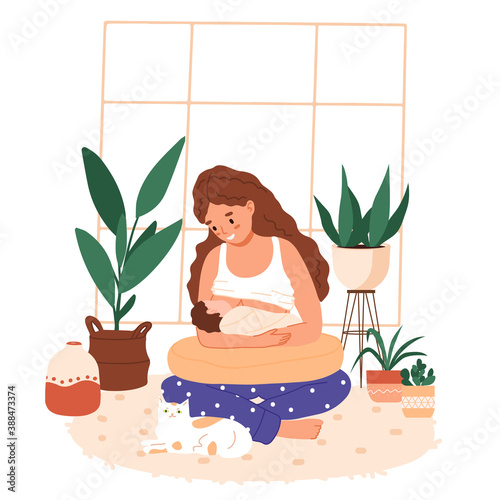 Mother breastfeeding her newborn baby in lotus pose, yoga, meditation. Woman breastfeeding infant indoors. Trendy scandinavian hygge interior, living room. Happy motherhood, natural feeding concept