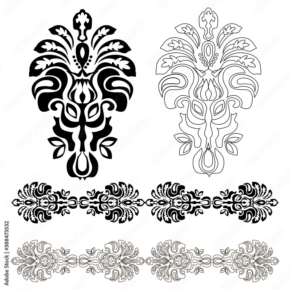 Eastern ornament. Set of black and white design elements. Modern color style. A set of patterns.