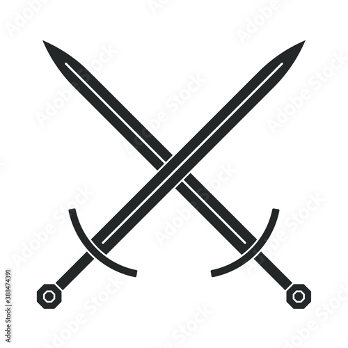 Sword vector illustration icon. Sword crossed military or heraldry symbol. Protection and security sign. Medieval or knight weapon. Fantasy longsword logo. Clip-art silhouette.