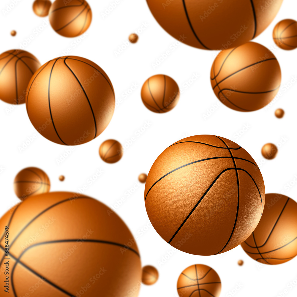 Many basketballs free falling with depth of field, isolated on white background. 3D illustration.