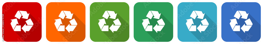 Recycle icon set, flat design vector illustration in 6 colors options for webdesign and mobile applications Recycle icon set, flat design vector illustration in 6 colors options for webdesign and mobile applications