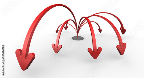 Many red arrows expanding out from center on white background. 3D illustration.