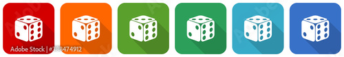 Dice, game, casino icon set, flat design vector illustration in 6 colors options for webdesign and mobile applications