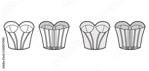 Bustier longline corsetry bra lingerie technical fashion illustration with molded cup, bones, hook-and-eye closure. Flat brassiere template front back white color style. Women men underwear CAD mockup