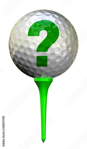 Golf concept - ball on peg with question symbol. 3D illustration.