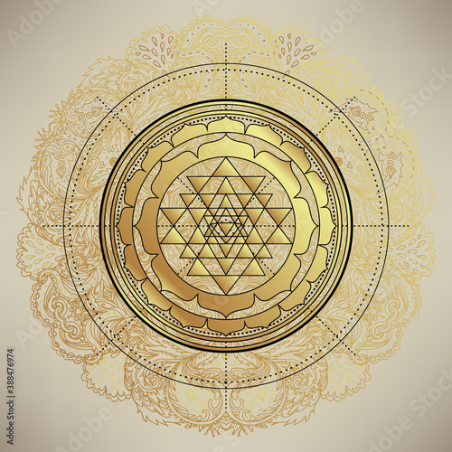 The Sri Yantra or Sri Chakra, form of mystical diagram, Shri Vidya school of Hindu tantra symbol. Sacred geometry vector design element. Vector illustration. Alchemy, occultism, spirituality.