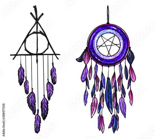 Hand-drawn set of dream catchers. magically shiny purple art of mystical objects dream catchers. Purple vector dreamcatcher art. dream catcher feathers