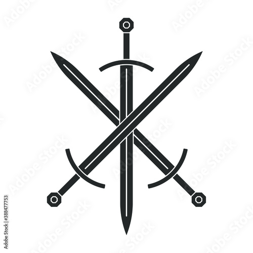 Sword vector illustration icon. Sword crossed military or heraldry symbol. Protection and security sign. Medieval or knight weapon. Fantasy longsword logo. Clip-art silhouette.