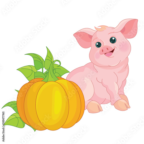 Cute pink pig  with big pumpkin