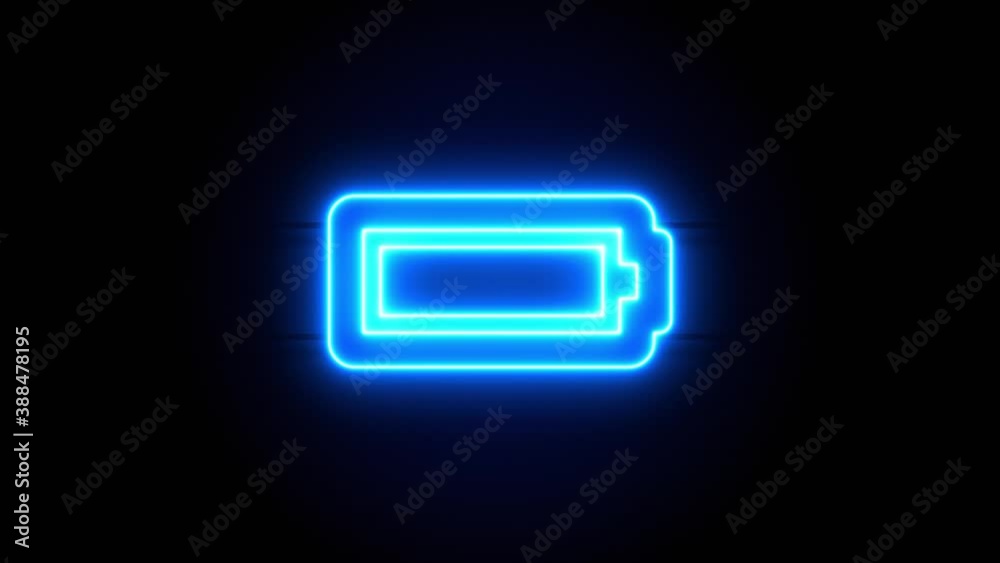 Full Battery neon sign appear in center and disappear after some time. Animated blue neon alphabet symbol on black background. Looped animation. Full Battery neon sign appear in center and disappear after some time. Animated blue neon alphabet symbol on black background. Looped animation.