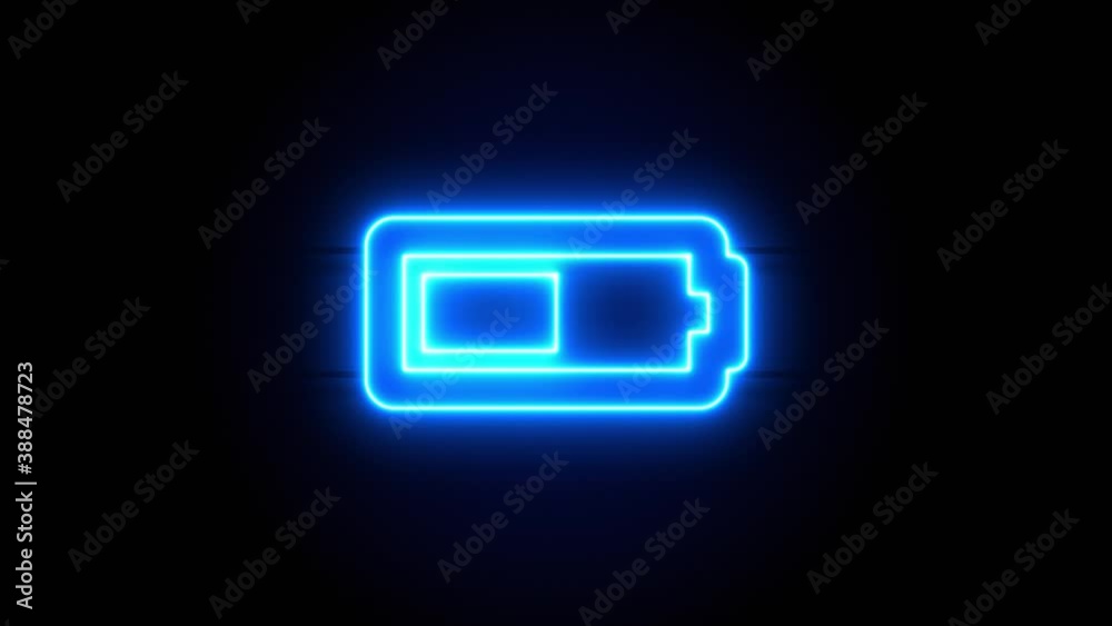 Half Battery neon sign appear in center and disappear after some time. Animated blue neon alphabet symbol on black background. Looped animation. Half Battery neon sign appear in center and disappear after some time. Animated blue neon alphabet symbol on black background. Looped animation.