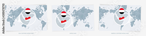 Three versions of the World Map with the enlarged map of Yemen with flag.