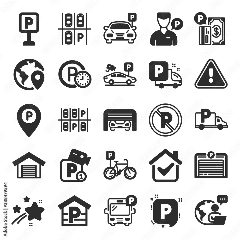 Parking icons. Car garage, Valet servant and Paid transport parking icons. Video monitoring, Bike or Car park and Truck or Bus transport garage. Money payment, Map pointer and Free park. Vector