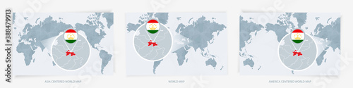Three versions of the World Map with the enlarged map of Tajikistan with flag.