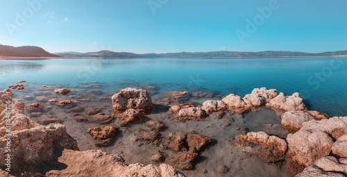 Minerals and rocky outcrops in the tectonic lake Salda in Turkey. A great tourist attraction and a place for local residents to relax and unwind