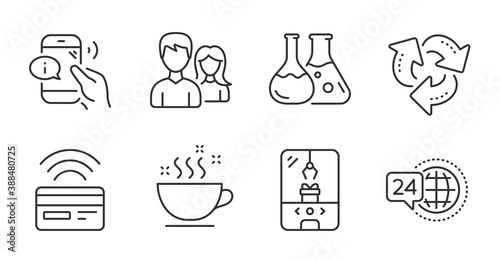 Chemistry lab, 24h service and Couple line icons set. Recycle, Call center and Crane claw machine signs. Coffee cup, Contactless payment symbols. Laboratory, Call support, Male and female. Vector