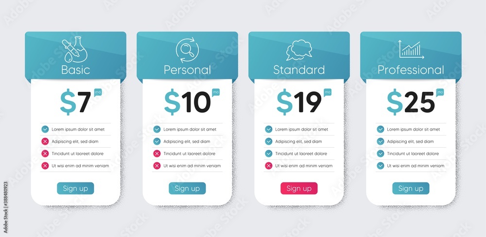 Search, Chemistry experiment and Chat message line icons set. Price table chart, business plan template. Graph sign. Find results, Laboratory flask, Speech bubble. Presentation diagram. Vector