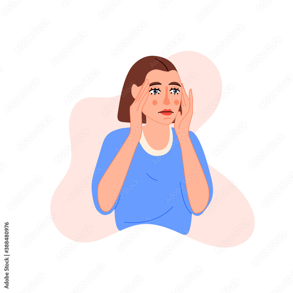 Isolated on white woman suffers from headache vector illustration. High blood pressure, weakness, colds, fatigue, dizziness, neurology design element. Symptoms of office work, stress in cartoon style. Isolated on white woman suffers from headache vector illustration. High blood pressure, weakness, colds, fatigue, dizziness, neurology design element. Symptoms of office work, stress in cartoon style.