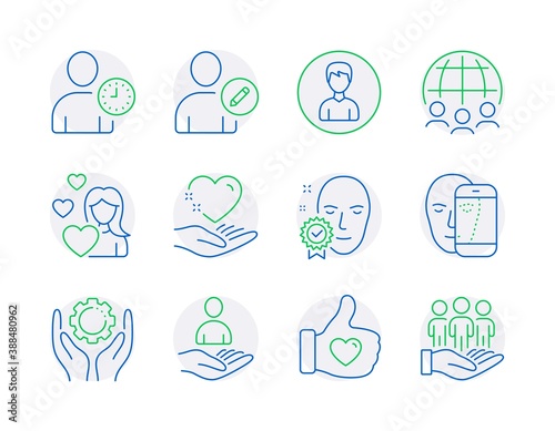 People icons set. Included icon as Face verified, Edit user, Face biometrics signs. Hold heart, Employee hand, Recruitment symbols. Love, Global business, Like hand. Person, Best buyers. Vector