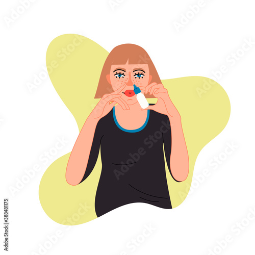 Isolated on white runny nose symptoms vector illustration. Female character suffers from nasal congestion, snot, difficulty breathing design element. Symptoms of allergies, colds, virus  .