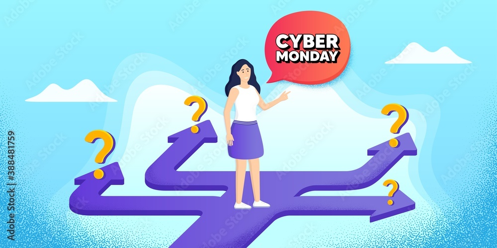 Cyber Monday Sale. Future path choice. Search career strategy path. Special offer price sign. Advertising Discounts symbol. Directions with question marks. Cyber monday banner. Vector