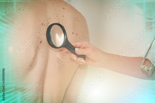Dermatologist examining the skin of a patient; multiple exposure