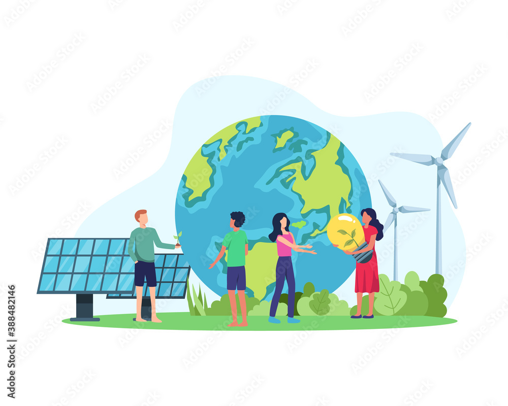 Vector illustration Clean energy concept. Renewable energy for better future. People with environmentally friendly energy, Solar panel and wind turbine. Vector illustration in a flat style Vector illustration Clean energy concept. Renewable energy for better future. People with environmentally friendly energy, Solar panel and wind turbine. Vector illustration in a flat style