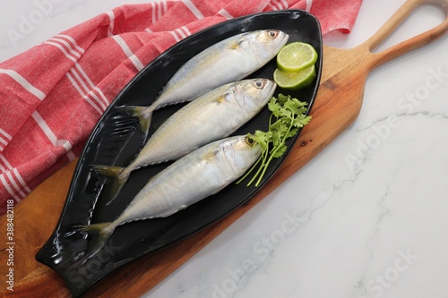 Uncooked Indian mackerel fish Rastrelliger kanagurta. also known as Bangda fish. Free copy space. Lemon wedge and coriander. top view fish background. online fish marketing.  photo