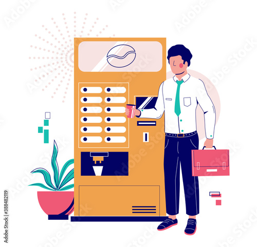 Businessman with coffee cup standing next to coffee vending machine, flat vector illustration. Vending machine business and service.