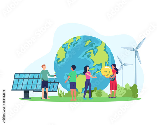 Vector illustration Clean energy concept. Renewable energy for better future. People with environmentally friendly energy, Solar panel and wind turbine. Vector illustration in a flat style