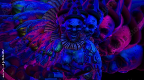 Seamless animation of a horror clown with echo effect. Scary background circus themed visual for Halloween.