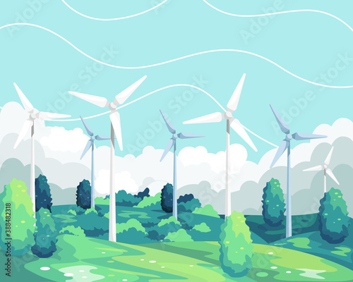 Vector illustration Wind turbine renewable energy. Wind turbine scenic landscape, Green and Environmentally friendly energy. Wind turbine tower in Field green. Vector illustration in a flat style