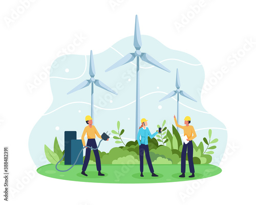 Vector concept of Renewable energy. Alternative energy resource with rotation windmills, Wind Turbines and Engineer character. Green and Environmentally friendly energy. Vector in a flat style