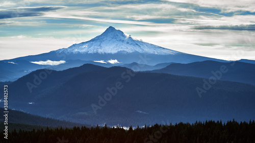 Dramatic panoramic view of Mount Hood in Oregon.