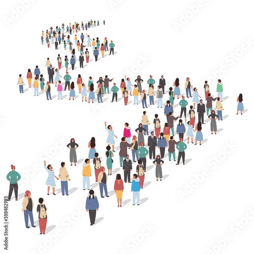 Large group of people standing in long line, flat vector illustration. People crowd gathering.