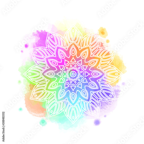 Round white mandala isolated on colorful background. Mandala on top of watercolor blotch. Beautiful pattern. © Anastasia Autumn