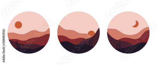 Abstract landscapes set. Boho contemporary art, modern nature shapes for social media highlight covers with desert sun moon mountains. Vector minimalistic illustration