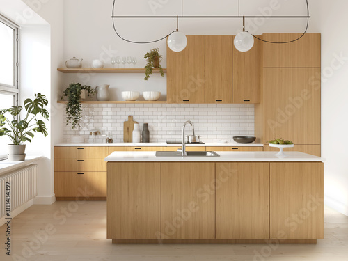 3d rendering of a wooden scandinavian kitchen with white bricks, an island and many plants 