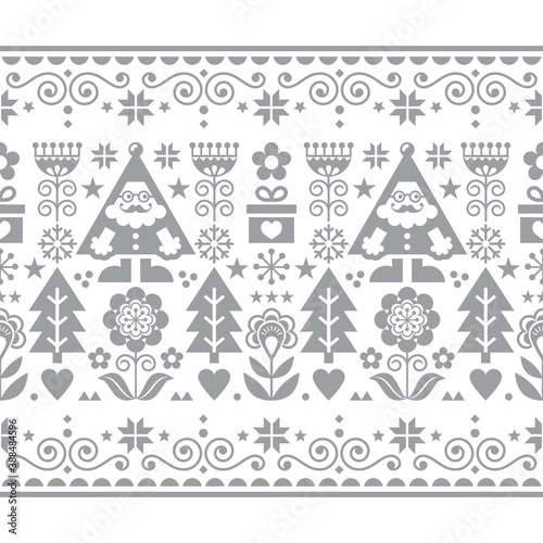 Christmas Santa vector seamless pattern, Scandinavian folk art style festive ornament in gray and white

